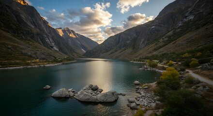 Serene Mountain Lake at Sunset Breathtaking Landscape Photography of Pristine Nature