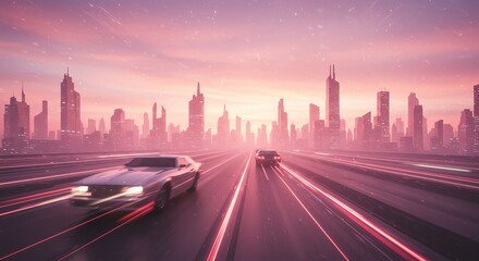 Obraz premium Retro Cars Speeding Through a Pink-Hued Futuristic Cityscape at Sunset