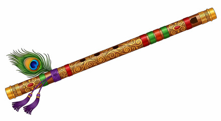 An intricately decorated flute, possibly Krishna's, adorned with gold detailing and a peacock feather, rests against a white background.
