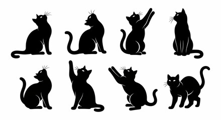 Eight stylized black cat silhouettes in various playful poses.  Perfect for design projects needing a touch of feline elegance.