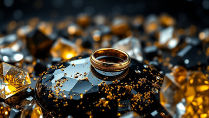 Gold Wedding Ring Resting on Black Gemstone Amidst Sparkling Crystals
