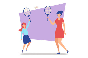 Joyful family engaged in game of badminton, with child and adult holding rackets. Mother and daughter outside, showcasing their excitement and bonding through sport