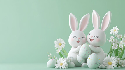 Obraz premium cute, happy Easter bunny couple with eggs and flowers on a green pastel background.