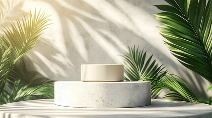 Obraz premium Light beige cylinder display stand surrounded by lush palm leaves.