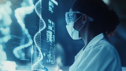 Concentrated female scientist analyzing DNA structure on a futuristic interface - Powered by Adobe