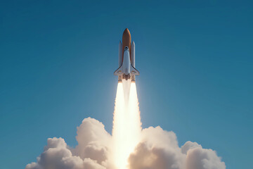 Creative shuttle rocket takes off successfully with blast and clouds of smoke on a blue background, concept. Spaceship launches, creative idea. Start up. 3d rendering.