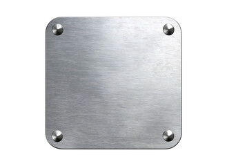 A square metal plate with rounded corners, in a silver color on transparent background