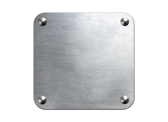 A square metal plate with rounded corners, in a silver color on transparent background
