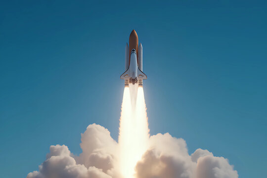 Creative shuttle rocket takes off successfully with blast and clouds of smoke on a blue background, concept. Spaceship launches, creative idea. Start up. 3d rendering.
