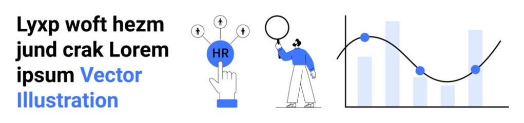 Hand selecting HR icon with connected symbols, person analyzing data with magnifier, line graph chart with bar elements. Ideal for HR management, analytics, recruitment, workforce strategy, data