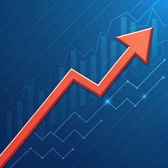 Obraz premium Sharp upward business trend line on a glowing blue tech-style background with modern financial elements, perfect for growth, statistics, and investment concept presentations or dashboards