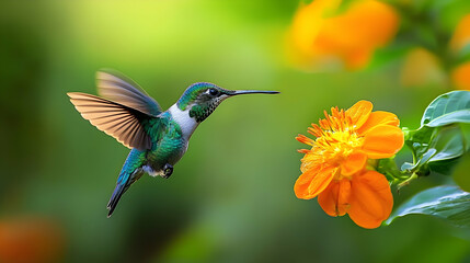 Fototapeta premium Vibrant hummingbird in flight near an orange flower.