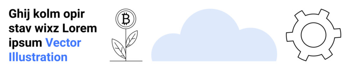 Plant with cryptocurrency coin sprouting, cloud symbol, and gear representing growth, finance, technology, and process efficiency. Ideal for finance, sustainability, technology innovation strategy