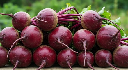 Pile of Fresh Beets with Green Leaves