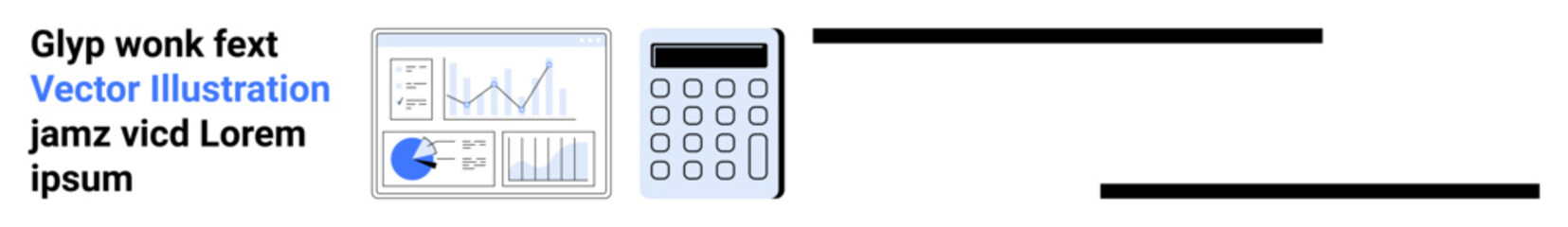 Data graphs, pie chart, and calculator for analyzing statistics, financial calculations, or business trends. Ideal for finance, analytics, management, accounting planning budgeting simple landing