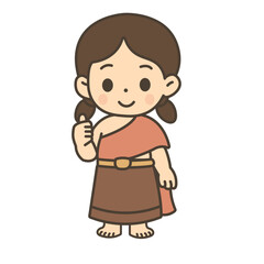 Cute style Thai kids in traditional costume cartoon illustration