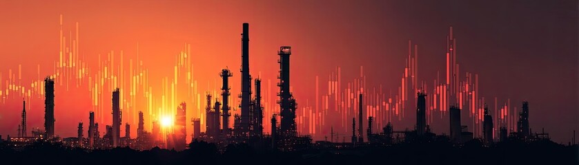 Fototapeta premium Refinery silhouette drive petroleum supply and global forecast concept. Urban skyline with industrial structures at sunset.