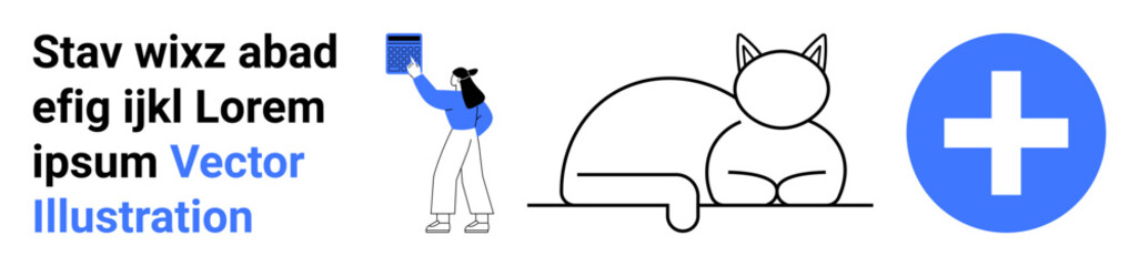 Obraz premium Woman in blue attire, placing a book on a shelf. A minimal line art sleeping cat and a bold blue plus sign accent. Ideal for education, reading habits, pet care, simplicity, creativity, minimalism