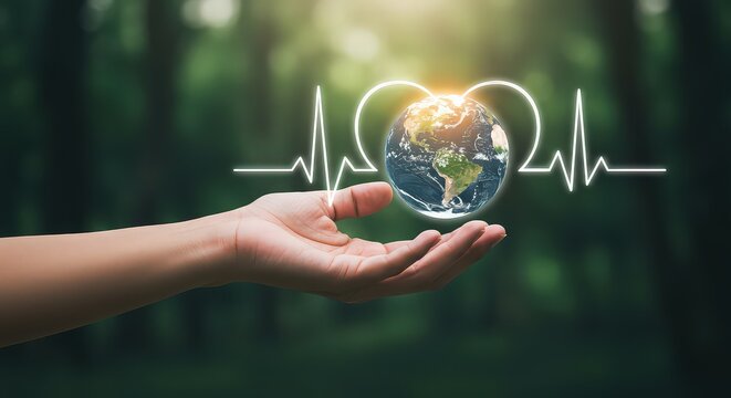 Hand holding earth globe with heartbeat line on a blurred green background for earth day concept - Powered by Adobe