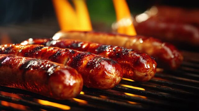 Sausage grilling over flames demonstrates barbecue cooking techniques for outdoor summer meals