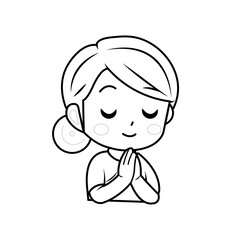 Cartoon character of a young woman praying, Buddhism