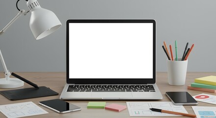 Clean Minimalist Workspace Laptop, Desk Lamp, and Office Supplies Mockup for Modern Productivity