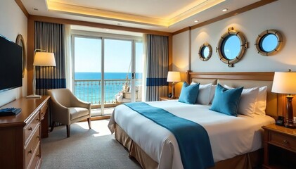Luxury nautical-themed hotel suite with ocean view, featuring nautical decor, rope accents, and porthole windows Perfect for travel, vacation, and coastal getaway imagery , view, hotel