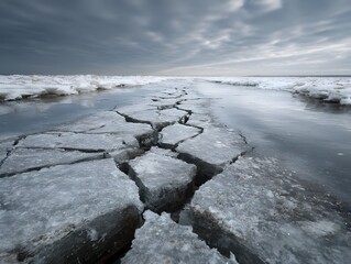 Witness a Frozen Lake Cracking in Pristine Cold Realism Captured from a Low Angle Shot