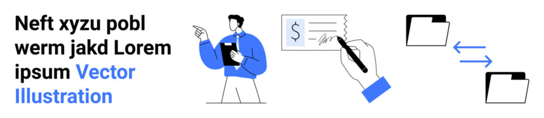 Professional worker holding clipboard explaining process while file folders and signing action illustrate document management. Ideal for business operations, workflow, data sharing, communication