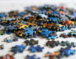 Obraz premium Colorful Puzzle Pieces Scattered A Close-Up View of Dispersed Jigsaw Puzzle Components