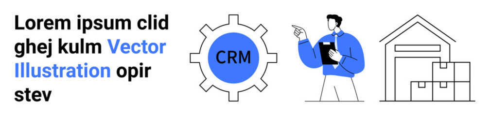 CRM gear flanked by a manager holding a clipboard and warehouse illustration, showing logistics, organization, collaboration, and business processes. Ideal for CRM, e-commerce, inventory, logistics