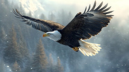 Obraz premium Majestic bald eagle soaring through a wintery landscape.