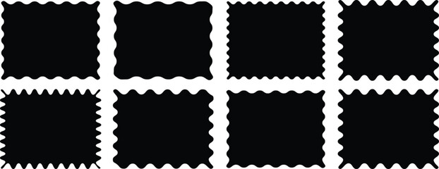 Black stickers, tags or labels template, Rectangle shape frame with zigzag edge. Rectangular jagged curved box element. Geometric zig zag wavy stickers. Vector illustrations set isolated on white back