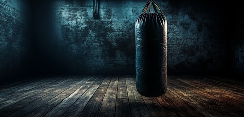 Boxing bag in dark gym, worn wooden floor, training and TKO concept for workout preparation.
