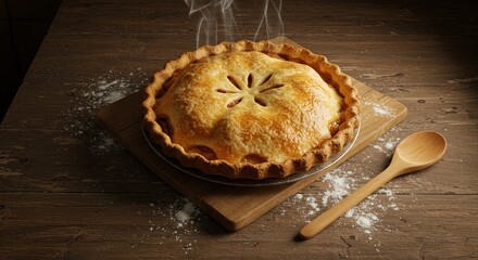 Hot Pie on Wooden Board with Spoon