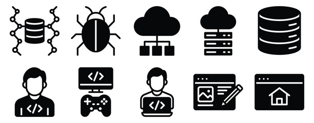 Developer Icon Set Solid Style Collection representing coding programming and software development suitable for tech platforms developer tools and educational resources