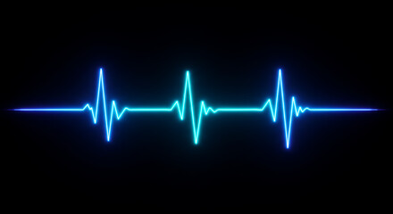 Neon blue and turquoise heart rate graphic on black background.
