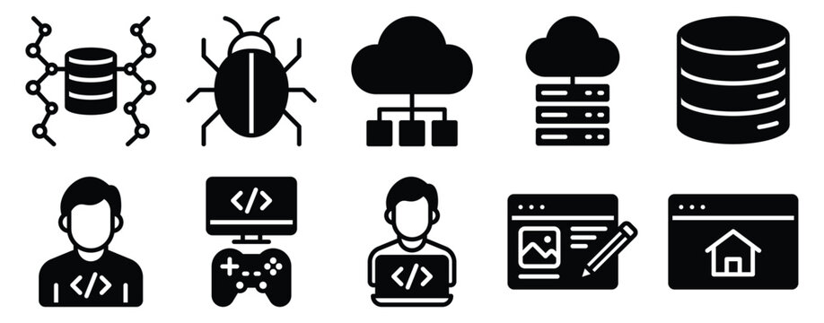 Developer Icon Set Solid Style Collection representing coding programming and software development suitable for tech platforms developer tools and educational resources