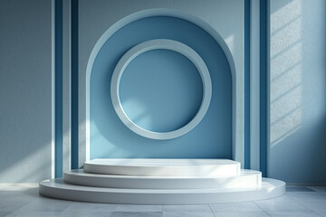 A blue room with a white circular wall