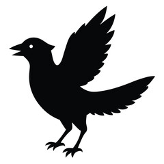 Black vector silhouette illustration of a flying crow or raven with wing and feather detail