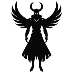 Silhouette vector illustration of a beautiful flying woman angel with wings, love, and religion symbols