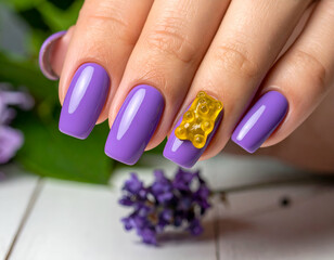 Lavender Nail Art Close-up of Elegant Purple Nails with 3D Gummy Bear Charms