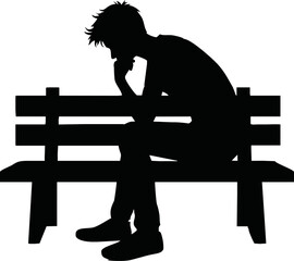 Silhouette of a person sitting and thinking on a bench with hand on chin.vector on white backlground