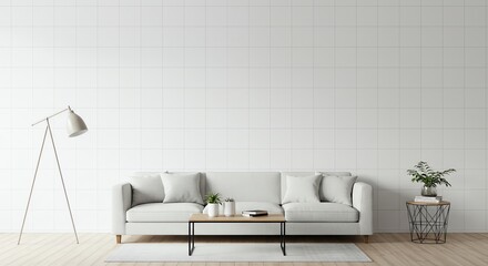 Minimalist Living Room: Serene White Sofa, Modern Coffee Table, and Floor Lamp