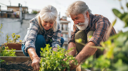 Fototapeta premium Happy senior couple gardening together in a lush urban rooftop garden on a sunny day. 