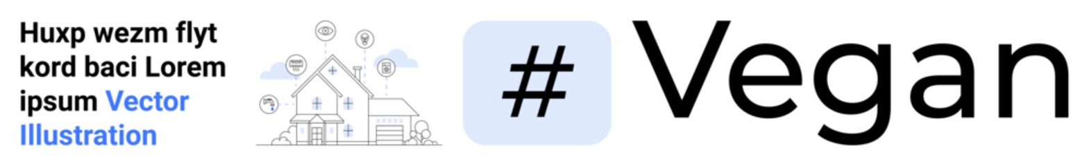 Vegan text paired with a minimalist house and plant icons, symbolizing sustainability, eco-living, and ethical choices. Ideal for veganism, environmental awareness, social media, health, nature