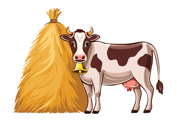 Dairy Cow with Hay Bale Illustration