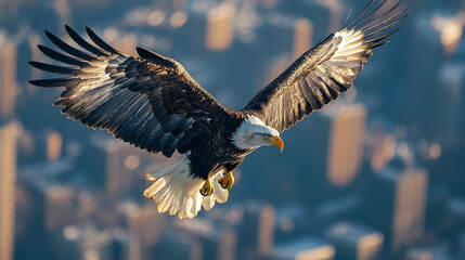 Obraz premium Majestic eagle soaring above city skyline.