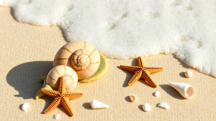 Realistic tropical beach set with seashells, starfish, sea foam, and golden sand under natural light. Ideal for summer, wellness, travel, and relaxation themes.
