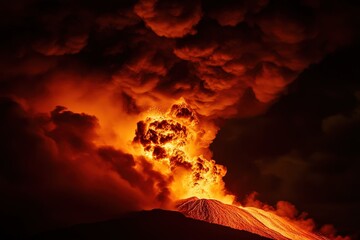 Fototapeta premium A dramatic eruption of a volcano at night.